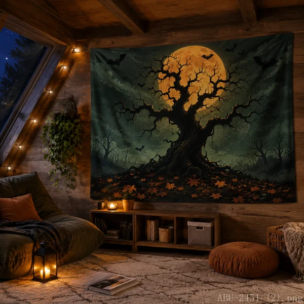 VIKAMA Big Spider Tapestry Spider Web Full Moon Bat Purple Night Wall Hanging Gothic Witchy Creepy Halloween Room Decor