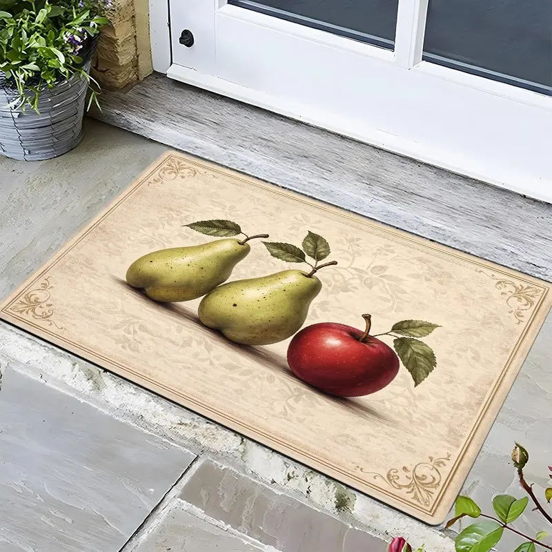 Bright Red Background 3D Red Apple Green Leaf Doormat Realistic Fruit Print Decorative Farmhouse Kitchen  Anti Fatigue Floor Mat