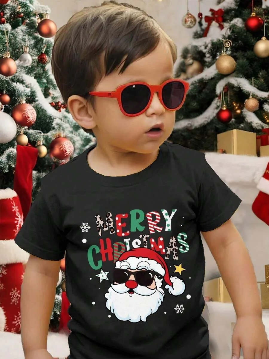 Novas camisetas para meninos, camisetas coloridas estampadas de Natal para crianças de primavera e outono, camisas de base para bebês, camisetas de manga curta