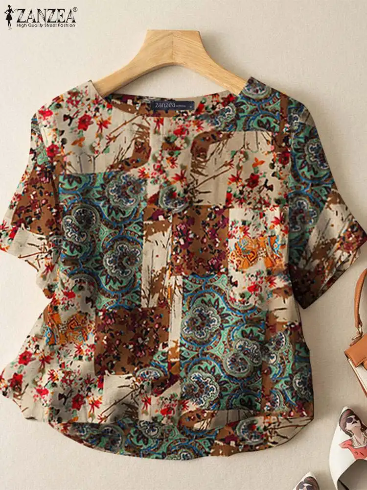 ZANZEA Summer Vintage Short Sleeve Floral Blouse Women Casual Printed Work Shirt Bohemian Tops Tunic Retro Party Blusas Chemise