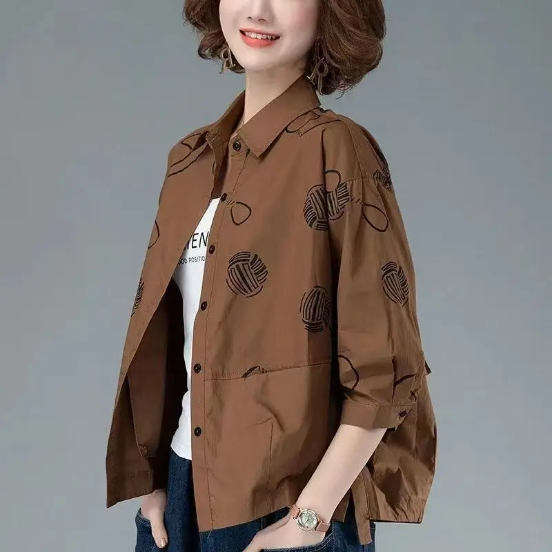 Women's Clothing 2023 Autumn and Winter New Fashion Print Splice Buttons POLO Collar 3/4 Sleeve Versatile Casual Commuter Shirt