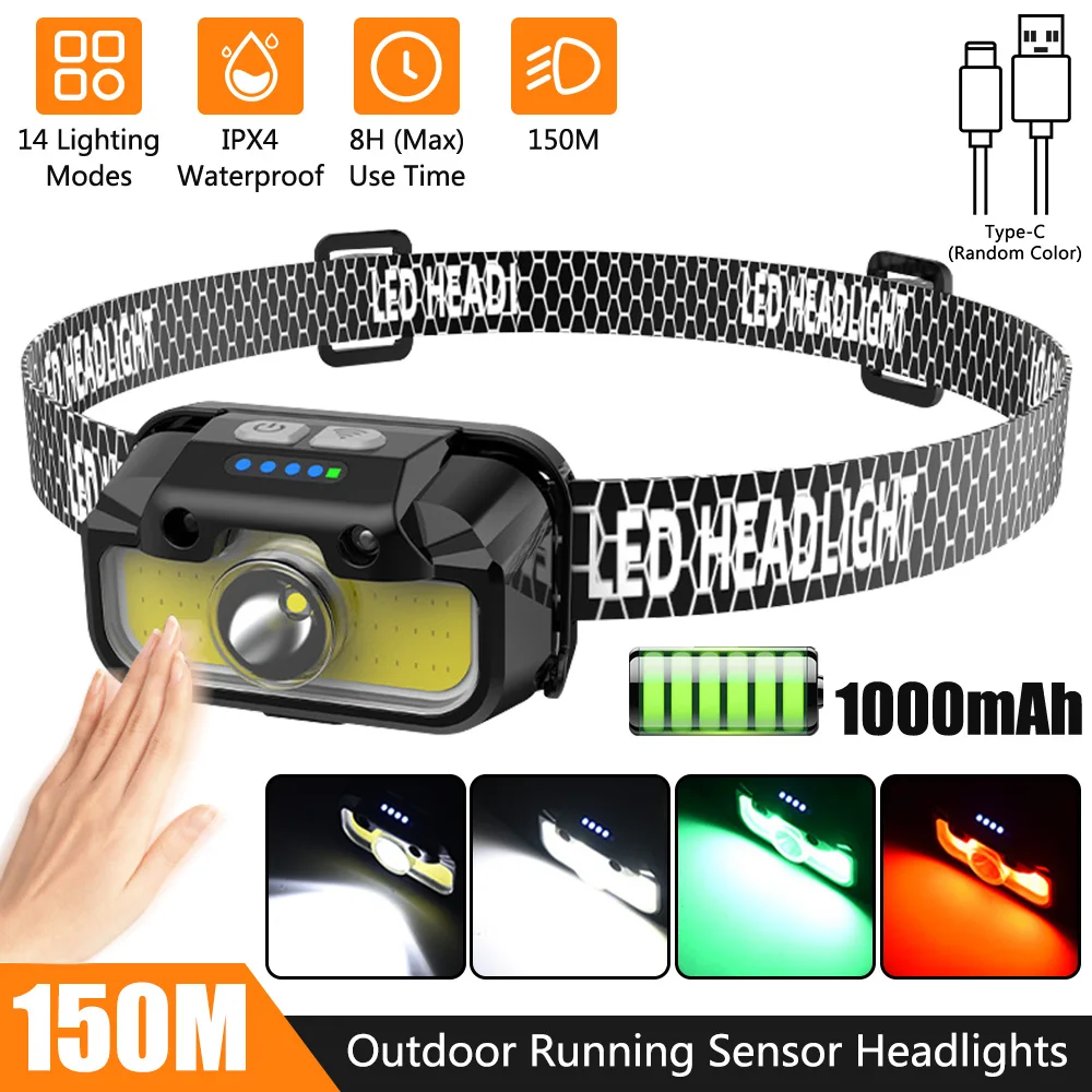 Vastfire Headlamp Bright Head Lamp With White Red Green 14 Modes Adjustable Waterproof Motion Sensor Headlight