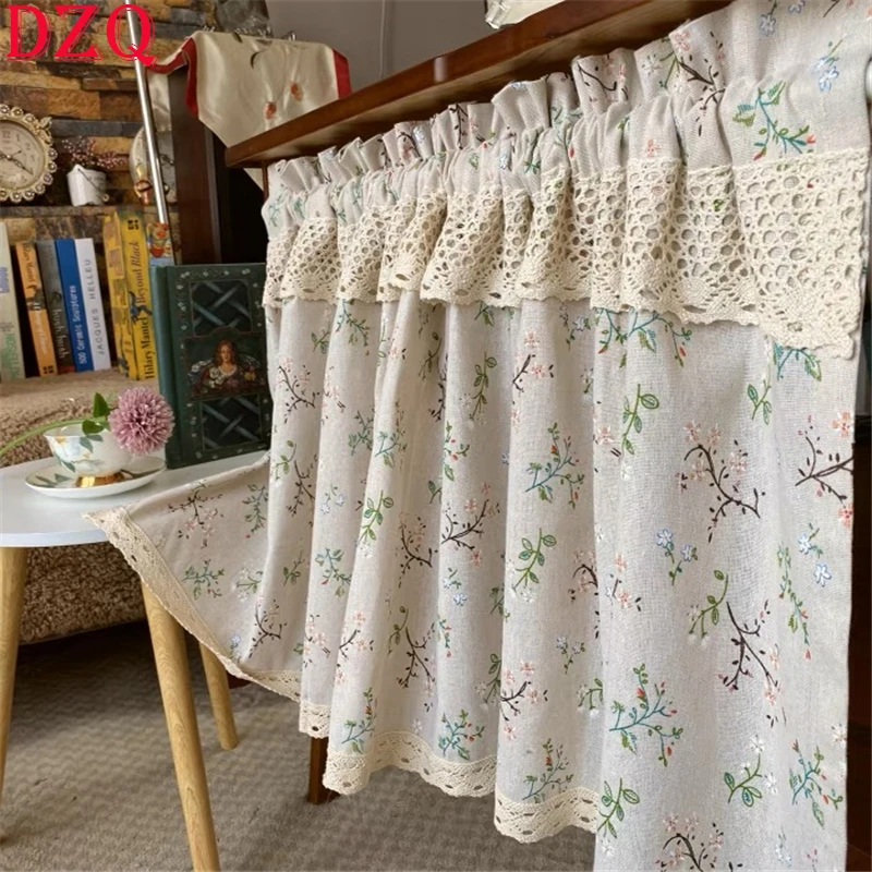 140*150 American Style Retro Idyllic Linen Curtains for Kitchen Lace Handmade Beige Curtains for Living Room Bedroom #A031