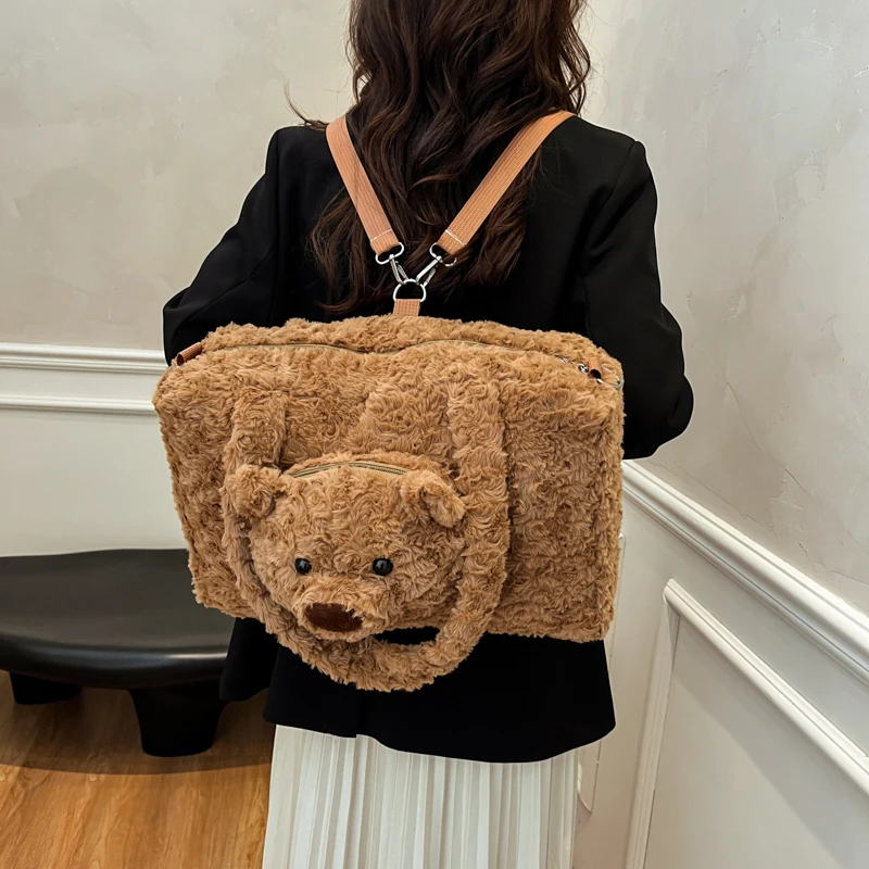 9805 Backpack PU Leather Tote Handbag Shoulder Bag with Cute Bear Charm Your bag main image 3
