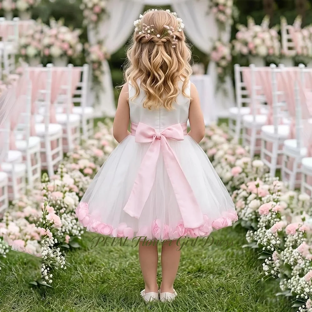 

Petal Scoop Neck Flower Girl Dress with 3D Flowers Pageant Dress with Bow Belt A Line Tulle Birthday Dress for Kids Customized