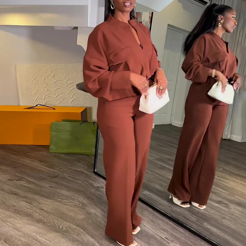 2025 Women's Retro Solid Color Commuting Suit Spring/autumn New Casual V-neck Long-sleeved Top + High-waisted Wide-leg Pants Set