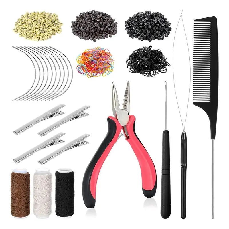 NEW HOT In Stock-Hair Extension Tools Kit, 600 Silicone Lined Micro-Rings, 1 Plier, 2 Hook Needle Pulling Loop, 10 Curved Hair N