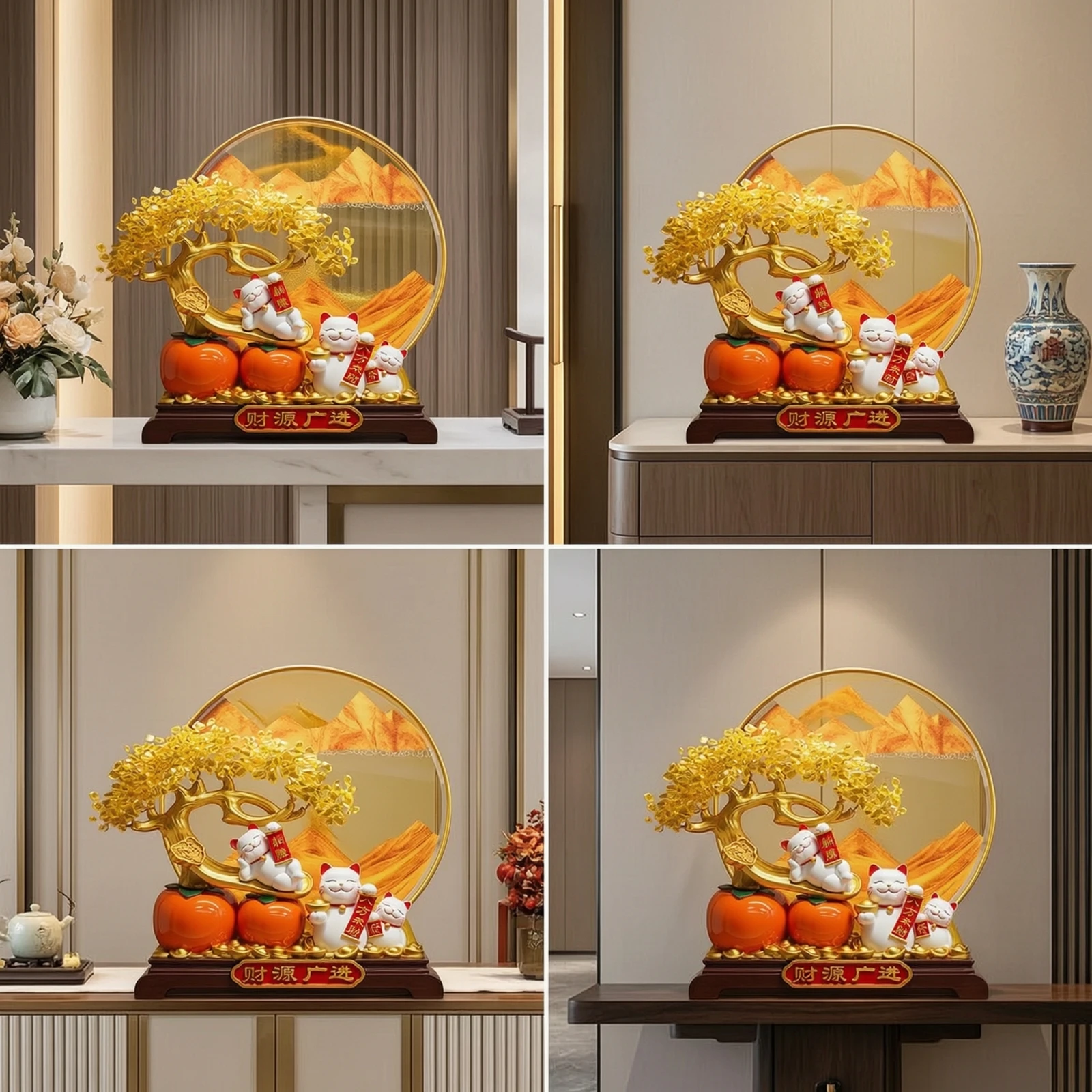 Auspicious Cat Ornament with Metal Frame Auspicious Cat Figurine Tabletop Decor Decorative Desktop Sculpture Golden