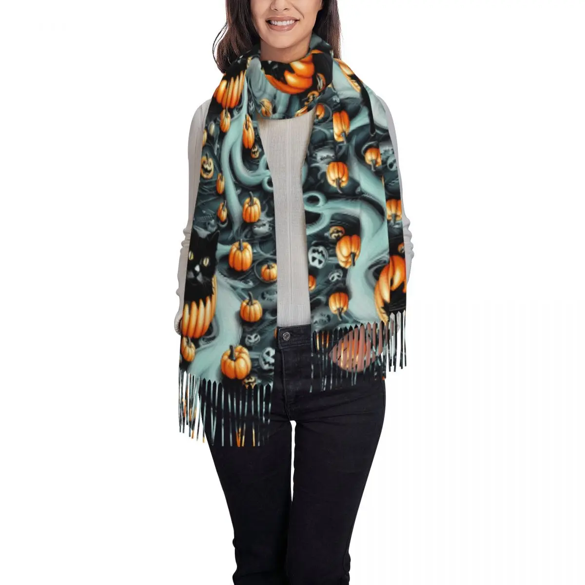 Black Cat Halloween Pumpkin Scarf Tassel Scarves for Women Soft Warm Shawls and Wraps Large Fall Winter Shawl Wrap