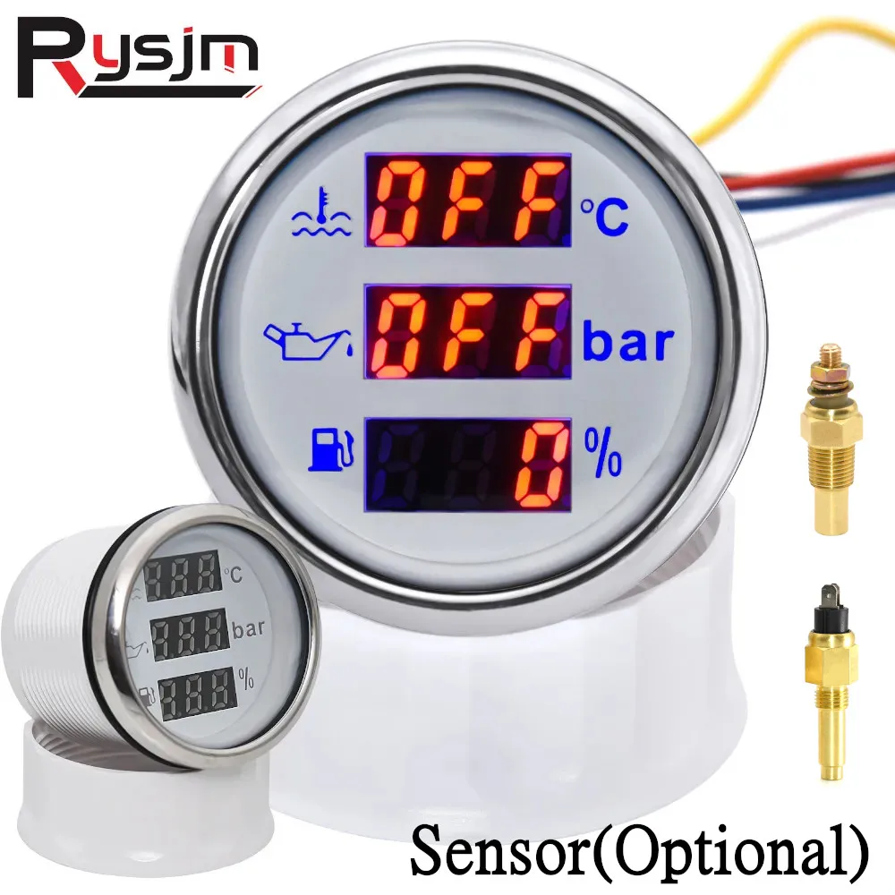 3 in 1多機能デジタルゲージ,長さ52mm,電圧計,燃料レベル,水温度,油圧プレス,電圧計,保持タンク,アラーム付き