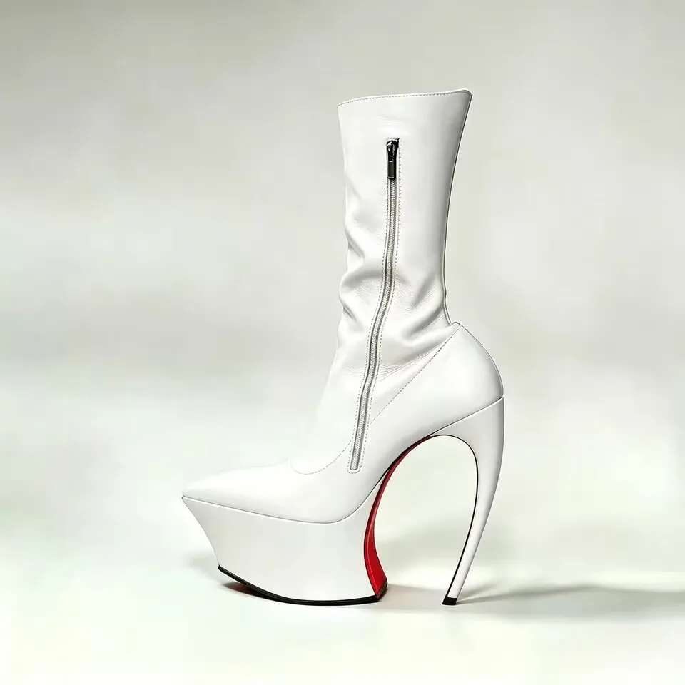 Ladies' Thick Soled Pointed Platform, High Heels, Short Boots, Party Runway, Sexy Fashion Boots, Autumn and Winter Leather Boots