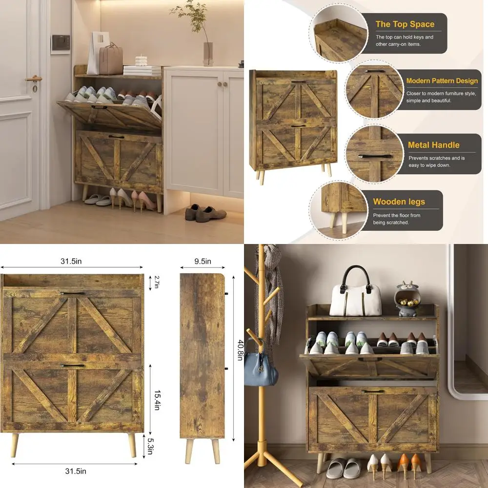 

Large Shoe Organizer Cabinet with 2 Flip Drawers and Wooden Legs for Entryway Storage Solution