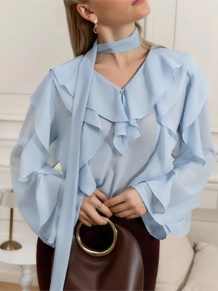 

Chiffon Ruffle Top Autumn Loose Outerwear Commuting V-neck Shirt Women's Solid Color Elegant Versatile Long-sleeved Shirt Top