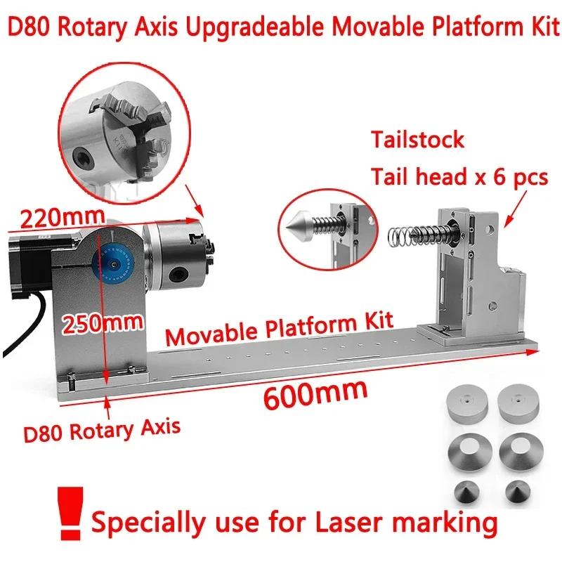 D80 Rotary Axis Upgradeable Movable Platform Kit for Marking Use Specially 600MM Length With Adjustable Tailstock
