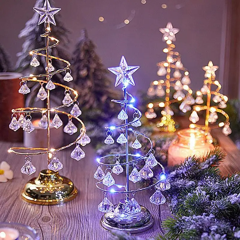 Christmas Tree Night Light Rotatable Glitter Christmas Tree Crystal Lights Electroplating Iron Art Winter Festival Tree Night