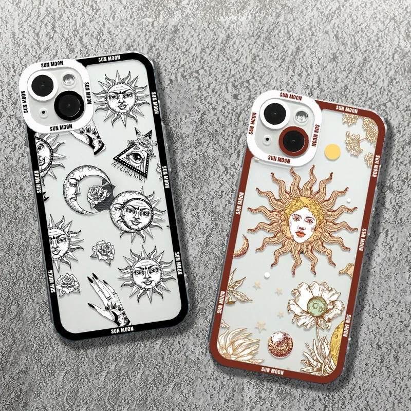 Funny Cartoon Sun Moon Phone Case For iPhone 16 15 14 13 12 11 Pro Max Mini X XS 7 8 Plus SE4 16E Shockproof Transparent Cover