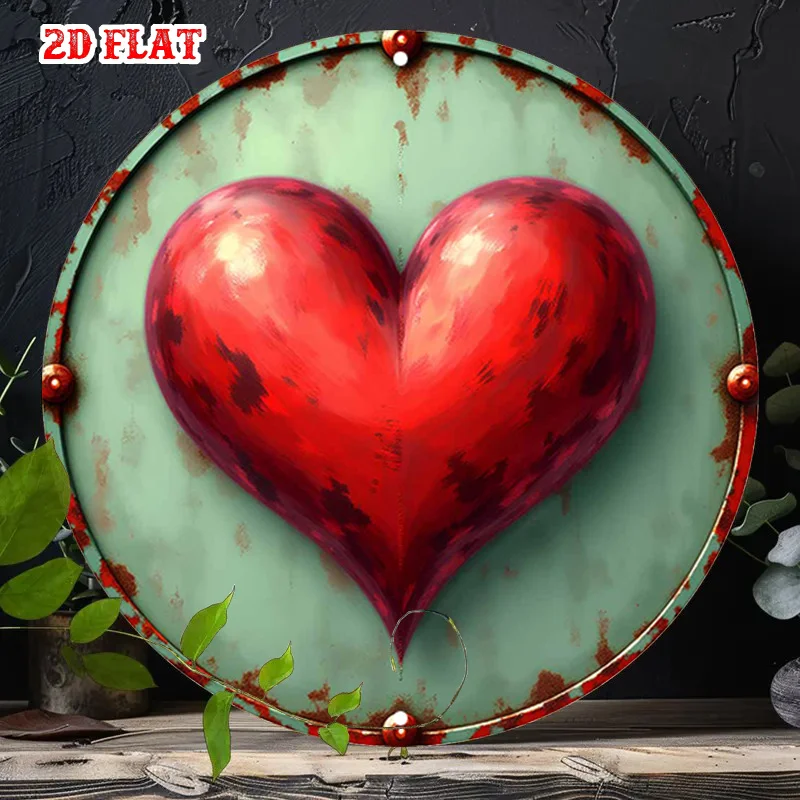 2D Flat, 2D Flat 1pc Romantic Design Aluminum Metal Tin Sign, Distressed Look Round Aluminum Sign, Heart Shape 7.87X7.87 Round A
