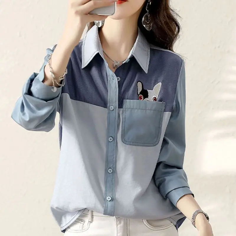 Retro Patchwork Long Sleeves Blue Shirt for Women\'s Spring Autumn Korean Version Loose Slimming Casual Commuting Versatile Top