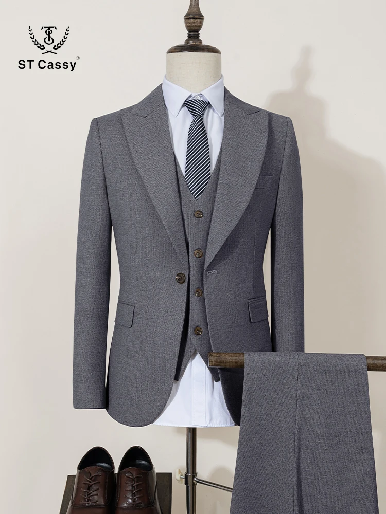 

ST Cassy 3-piece suit se （Jacket+vest+pants）grey Classic Business Package Men Suit Slim Fit Business Office wedding