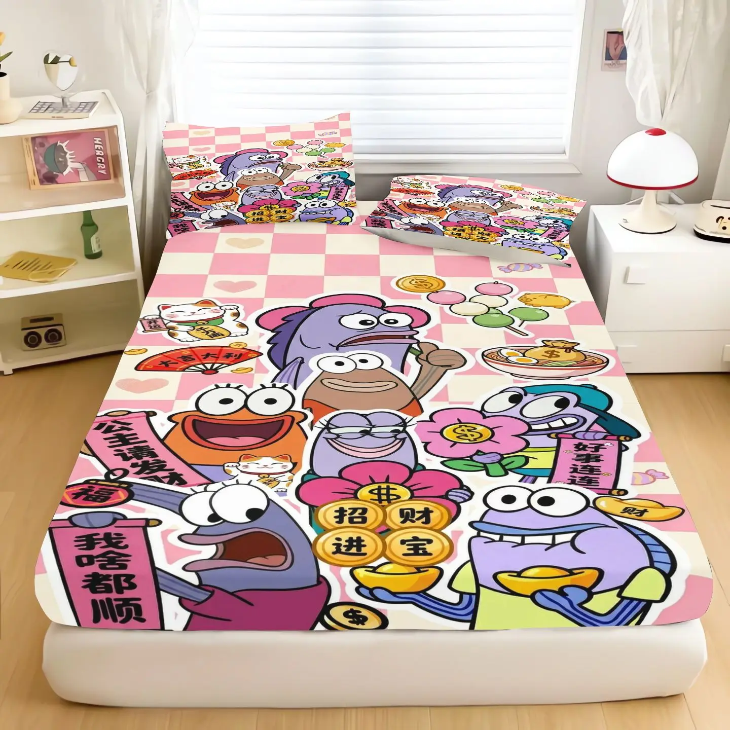 Cartoon SpongeBob Bed Sheet Set, Pink Fitted Sheet With Pillowcase, Anime Character Bedding Set, Mattress Cover For Bedroom view 4