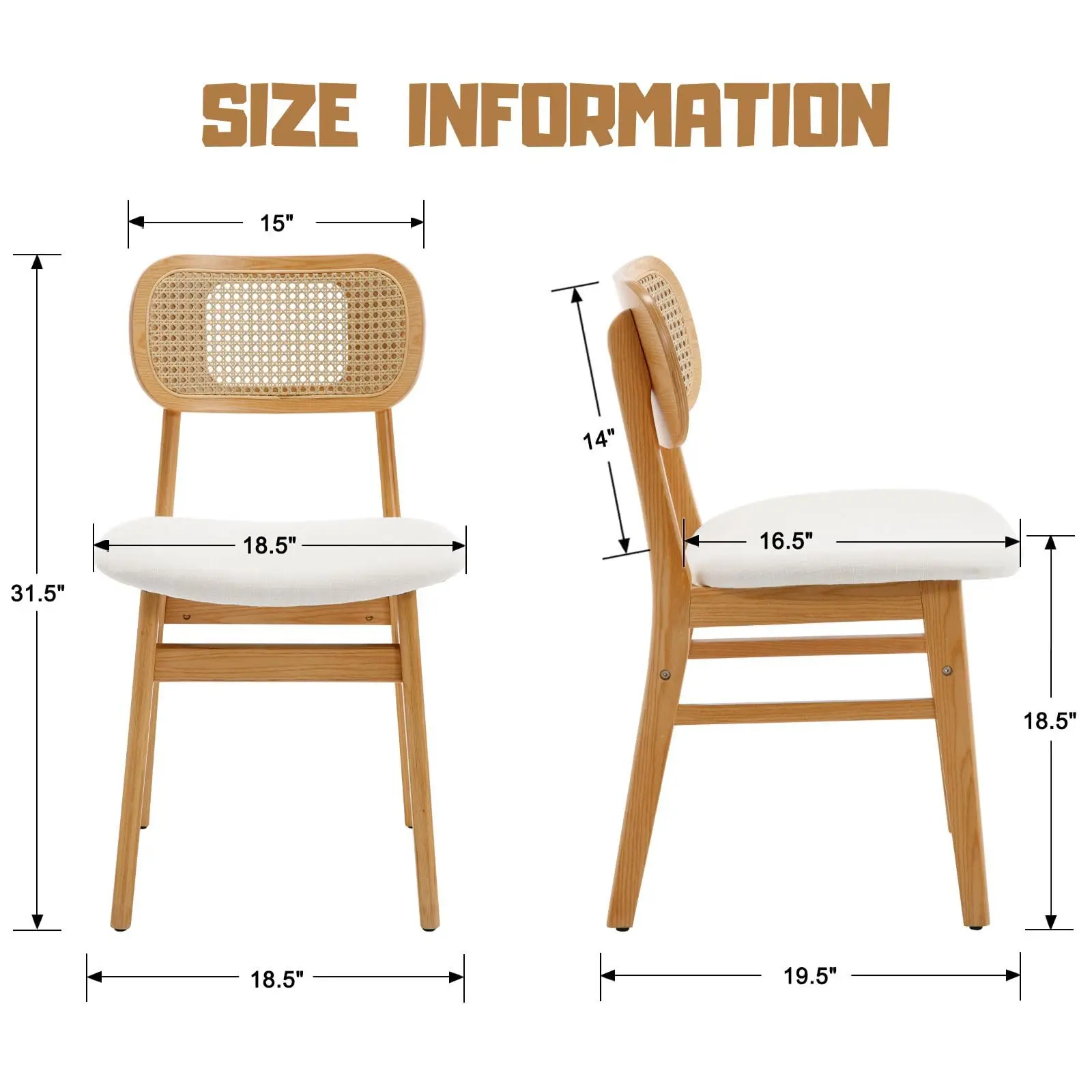 Rattan Dining Chairs Set of 2 Beige Linen Fabric Dining Room Chairs Natural Wooden Kitchen Chairs Farmhouse Boho