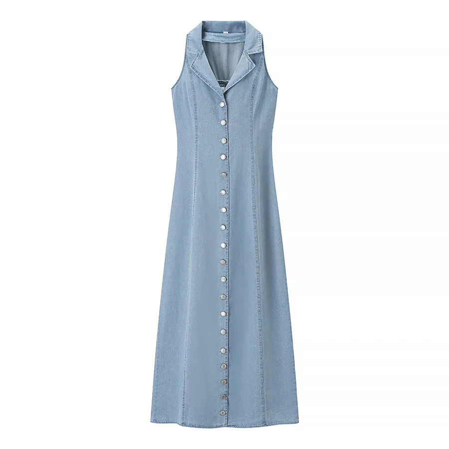 

New Spring/Summer Fashion Casual Sleeveless Turn-down Collar Single Breasted Solid Color Slim Fit Ankle-Length Demin Dress