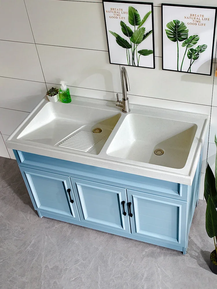 Artificial stone double basin balcony laundry cabinet with washboard bathroom cabinet space aluminium laundry pool