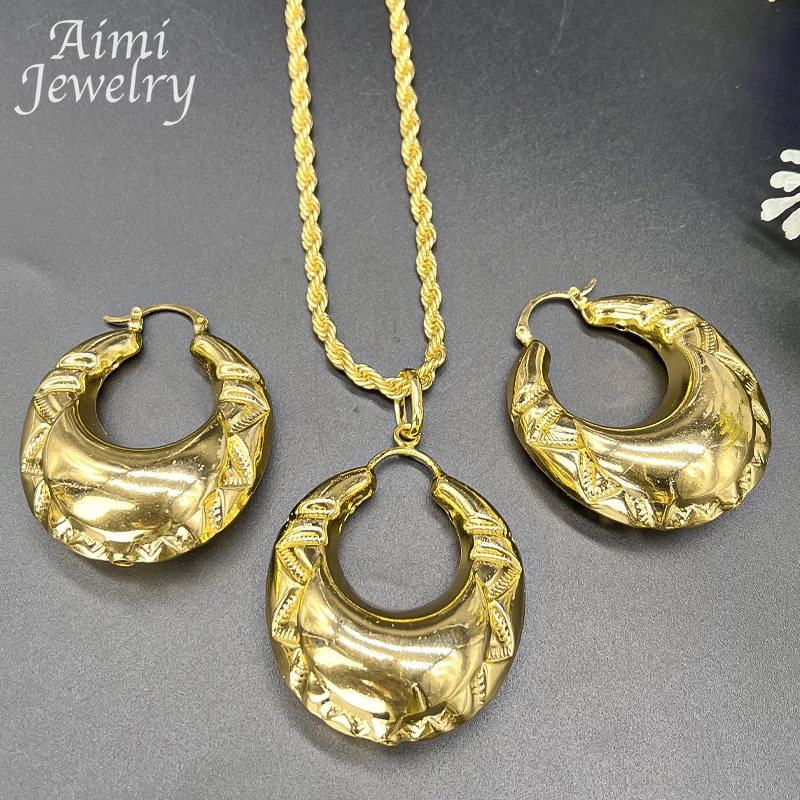 Popular 18K Gold Plated Copper Jewelry Set for Women Earrings Pendant Necklace Brazilian Ethiopian Bridal Wedding Party Gifts