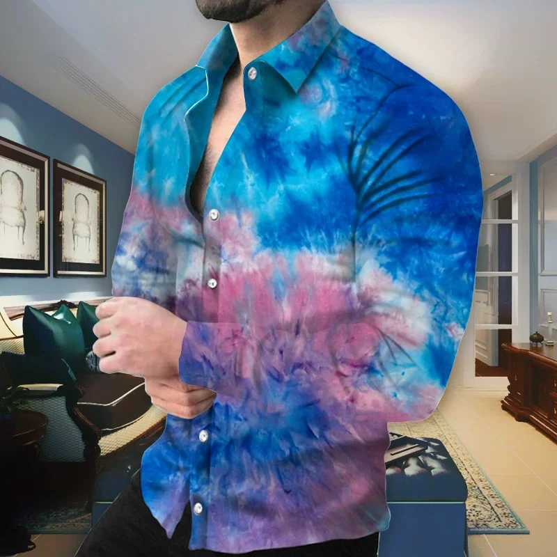 Men's gradient long sleeved shirt with trendy blend print collar shirt, street casual party men's top