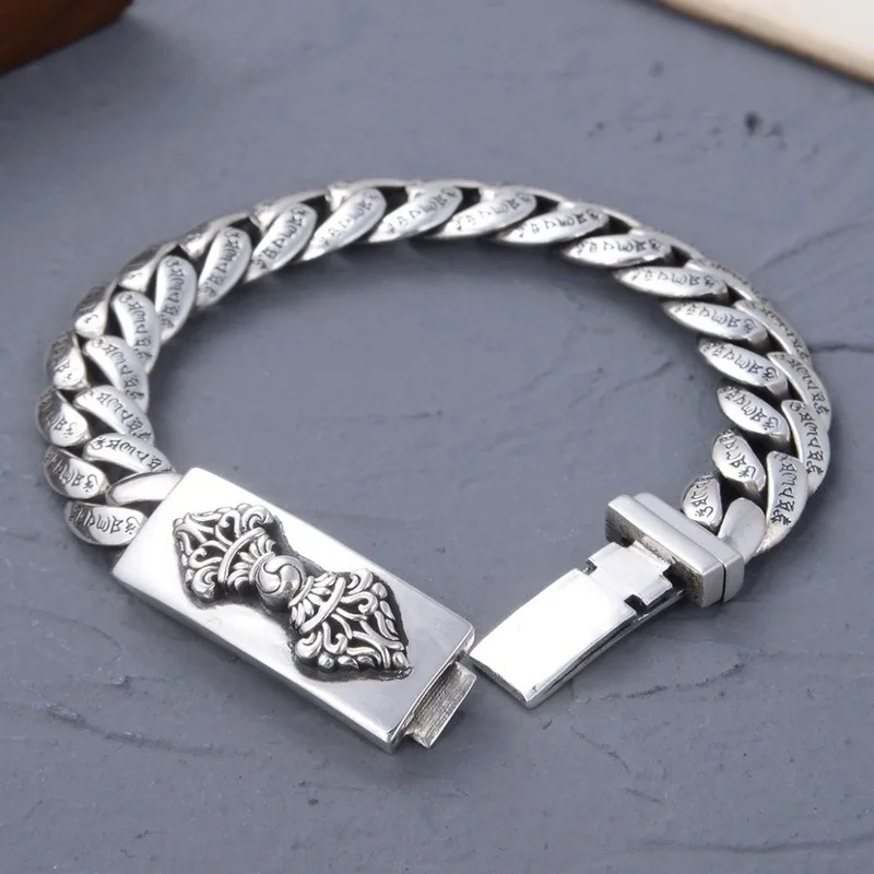 

Real Solid 925 Sterling Silver Chain Men Mantra Vajra Pestle Curb Cuban Link Bracelet 49.3g/20cm