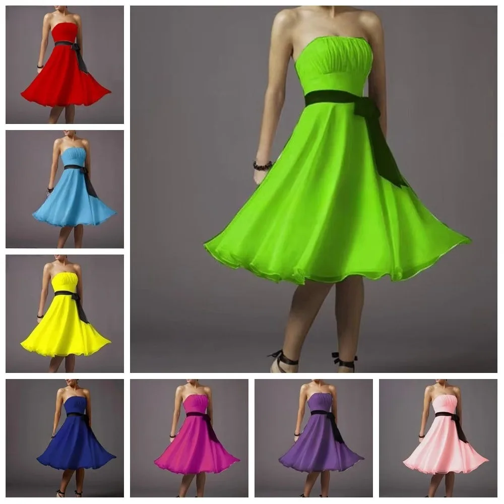 Vestido de Chifón Verde para Madrina de Boda, Largo hasta la Rodilla, con Lazo, Sin Tirantes, Vestido MIDI para Fiesta de Boda, Económico