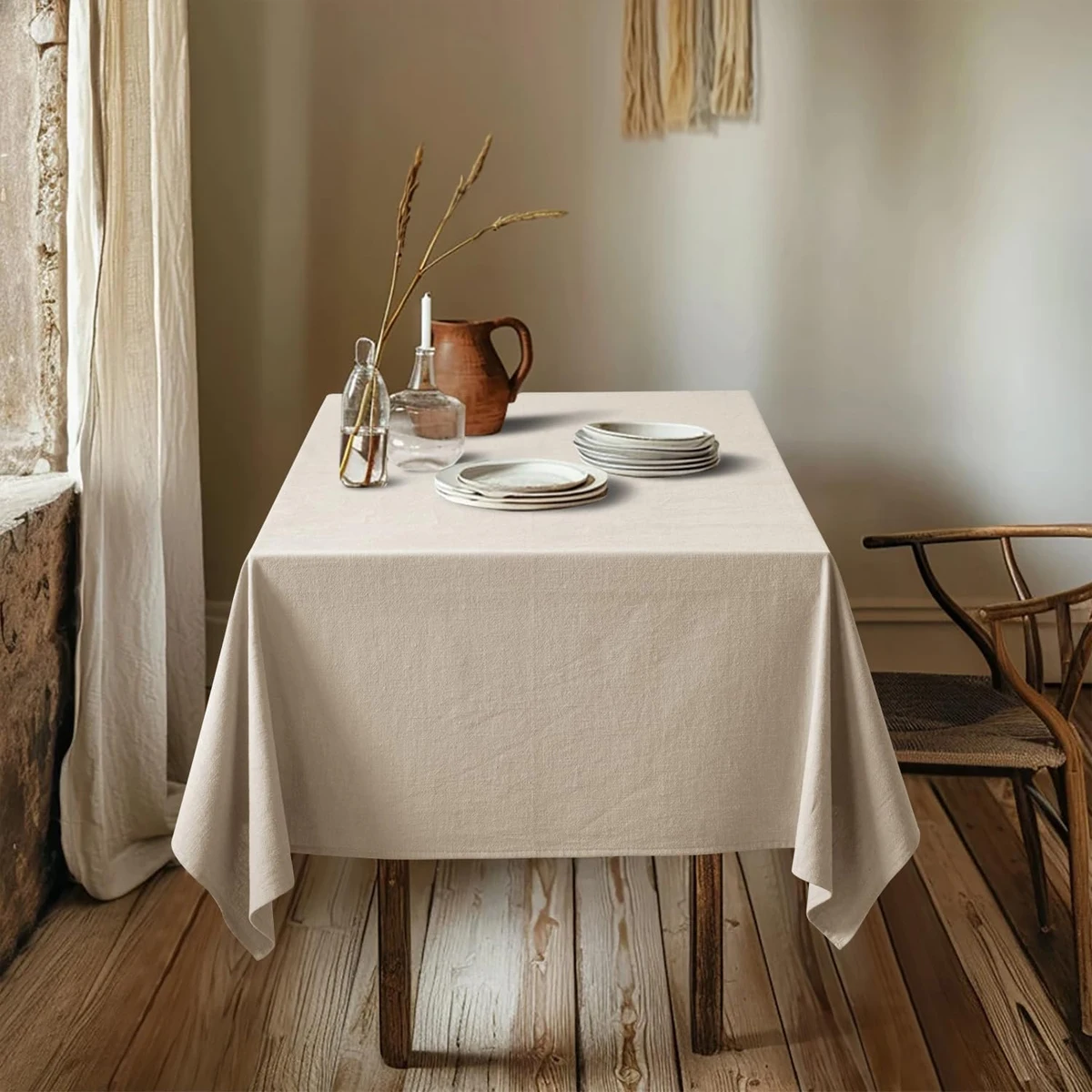 Cream Style Home Tablecloth, Wedding Party, Holiday Kitchen Tablecloth, Soft Pleated Beige Tablecloth
