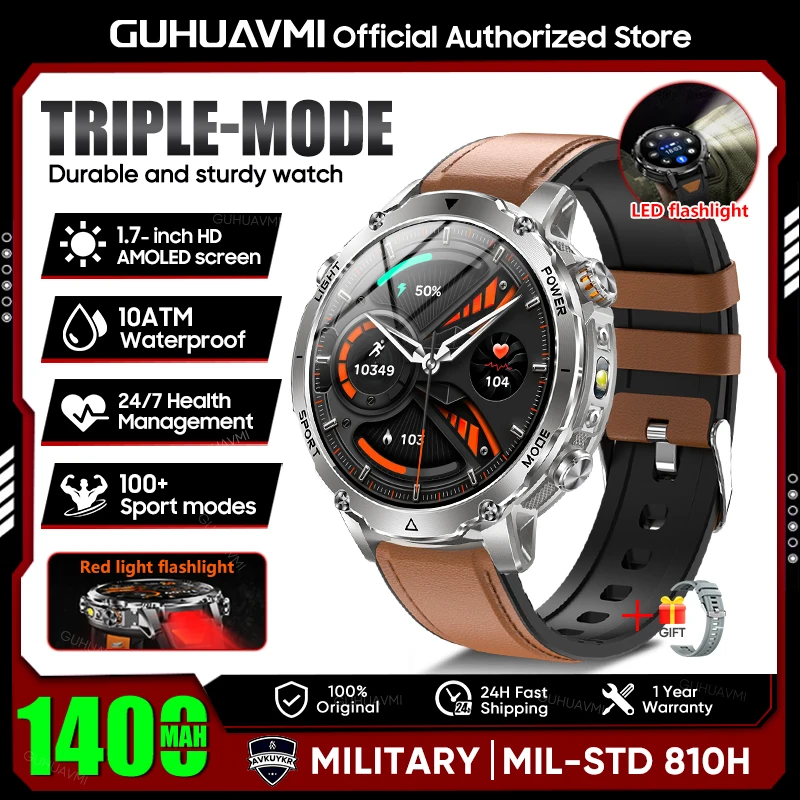 2026 Neue TANK Ultra 1400mAh Batterie Militär-Smartwatch 10ATM Wasserdicht Herzfrequenz Taktische LED-Taschenlampe Herren Sportarmband