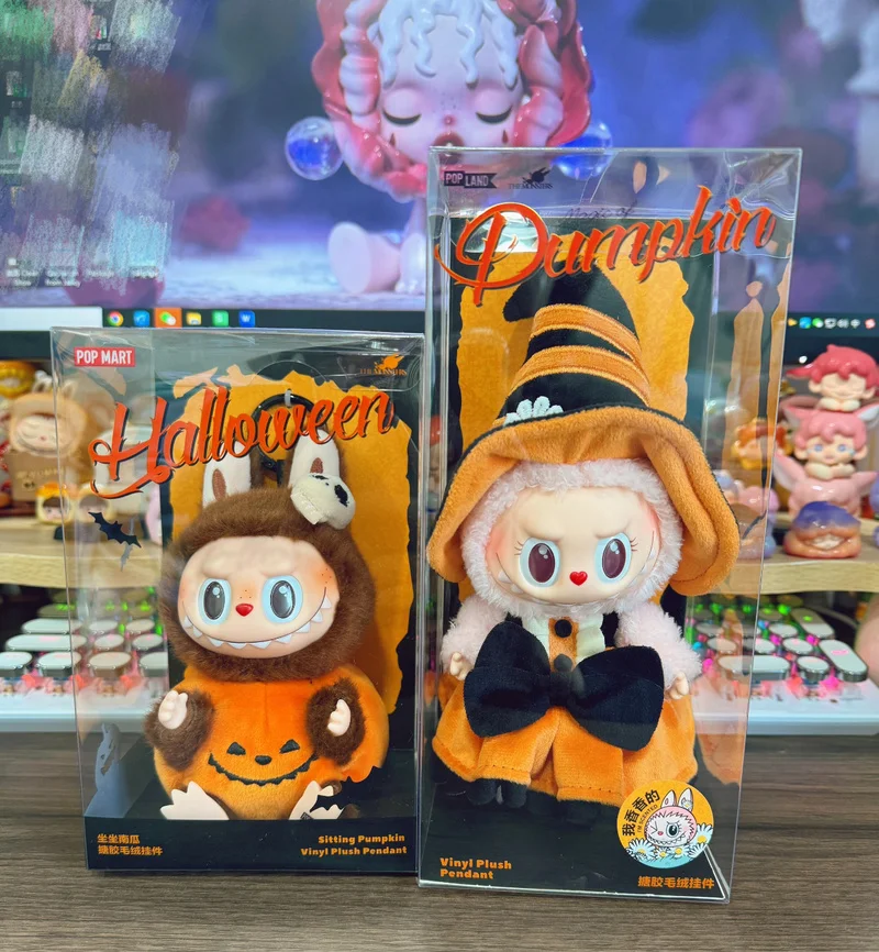 Labubu em estoque novo genuíno mokoko feliz festa de halloween série magia de abóbora vinil pingente boneca chaveiro brinquedos kawaii presentes