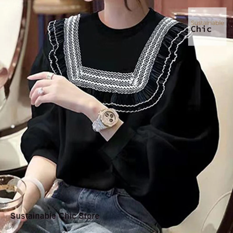 Korean black lantern sleeve loose casual top women's spring and autumn new small fragrance long sleeve lace slim Joker shirt