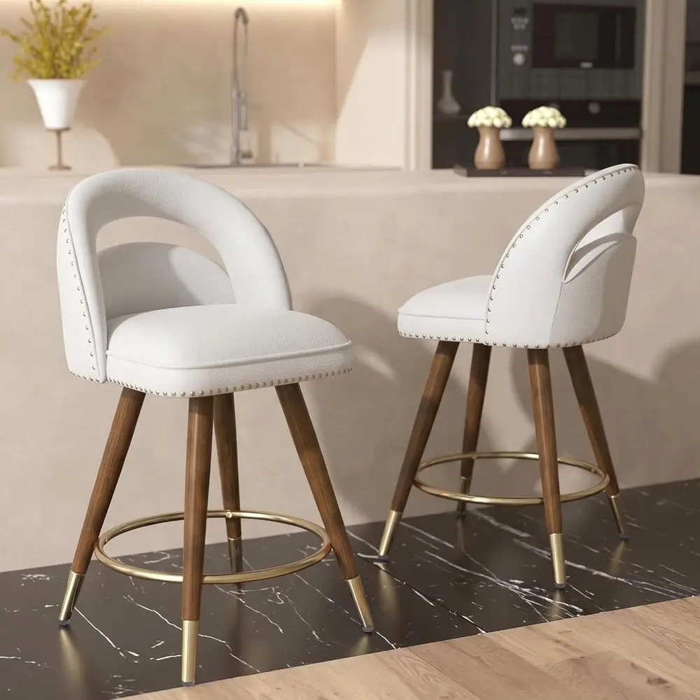 

Pair of 24 Swivel Bar Stools, Cream Velvet Upholstered Seats, Backrests, Solid Wood Legs for Kitchen Counter