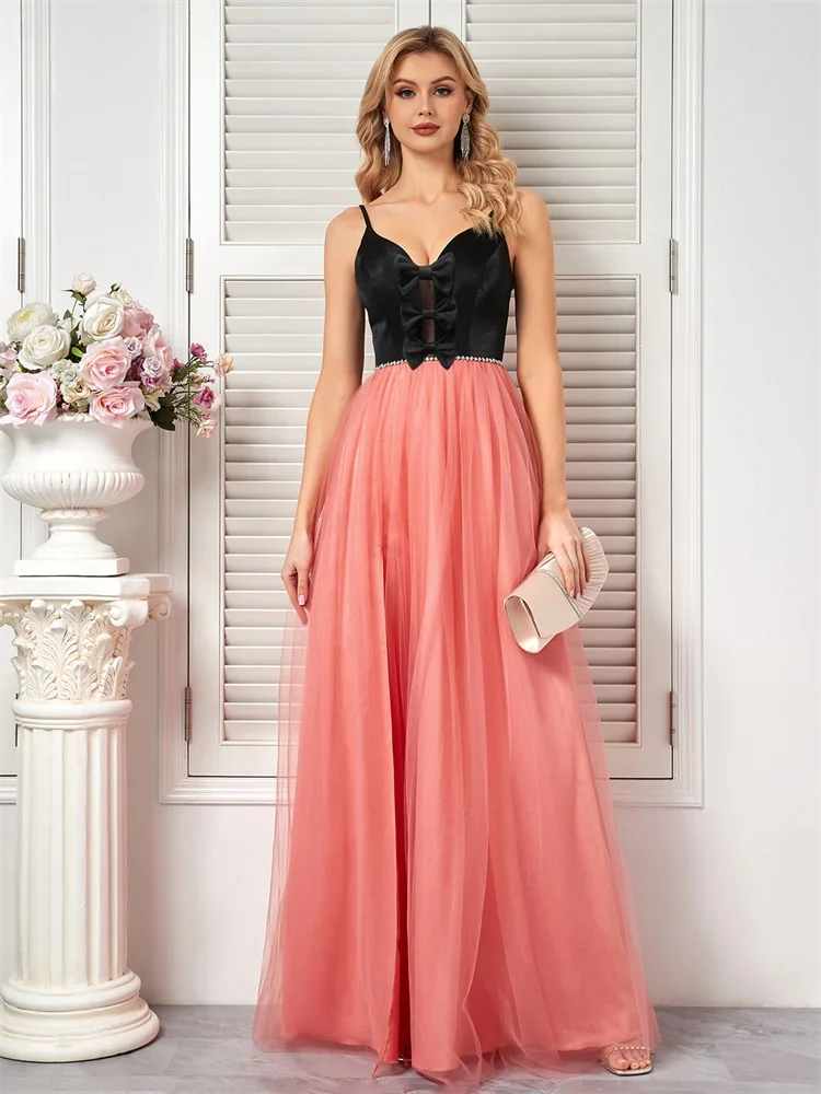 

Lucyinlove Luxury Pink Suspenders Evening Dress Women Elegant Tulle Bridesmaid Wedding Party Prom Floor Lenght Cocktail Gowns