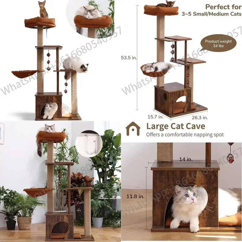 FUKUMARU Cat Tree - 4-in-1 Large Modern cat Tower with Jute Scratching Posts, Brown Climbing Playground for Indoor Cats