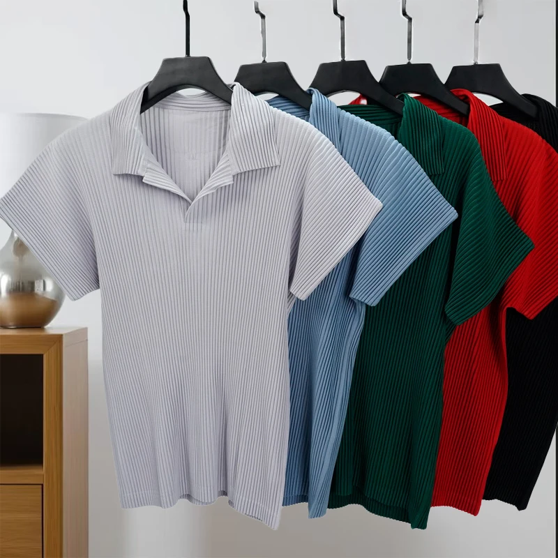 Miyake Men's Pleated Polo Shirt T-shirt Solid Loose Senior Sense Wear Lapel Short-sleeved Large Size Tops Versatile T-shirt