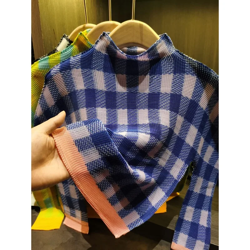 

Miyake Pleated T-Shirt New Fashion Pleated Corn Grain Base Shirt Color-Block Plaid Half-High Collar Elastic Commuter Long Sleeve