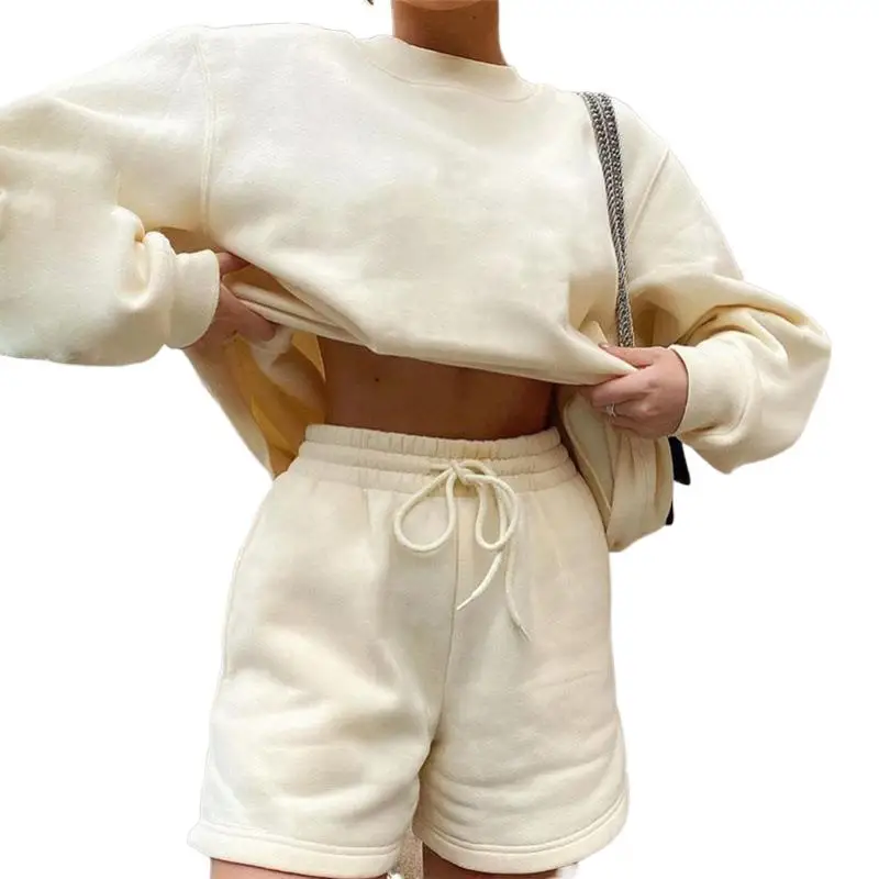 

New Fashion Round Neck Sweatshirt + Shorts Two-piece Sets Women Autumn Casual Loose Solid Color Top Lace Shorts Suit For Women