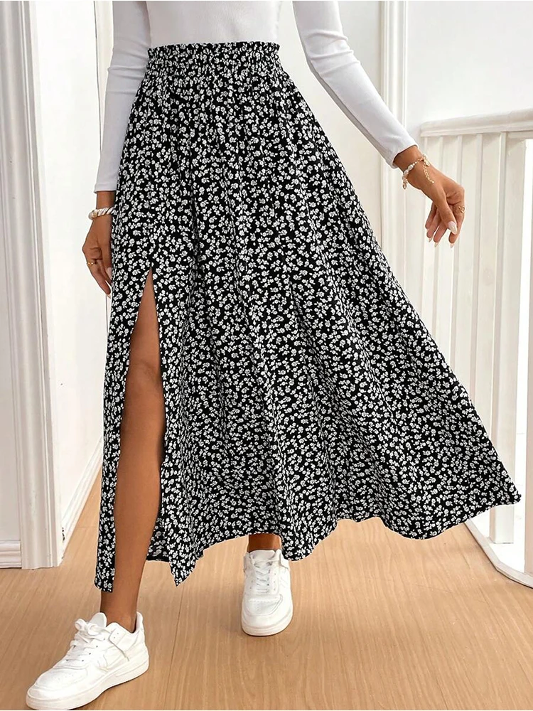 

Spring, summer, and autumn styles of elegant black floral print women's long skirt, machine washable and dry cleanable