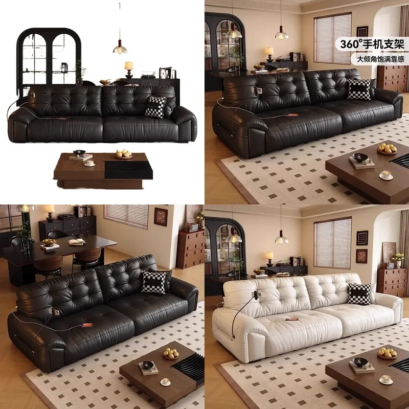 for Genuine Italian minimalist leather single sofa living room small apartment straight row first layer cowhide black light