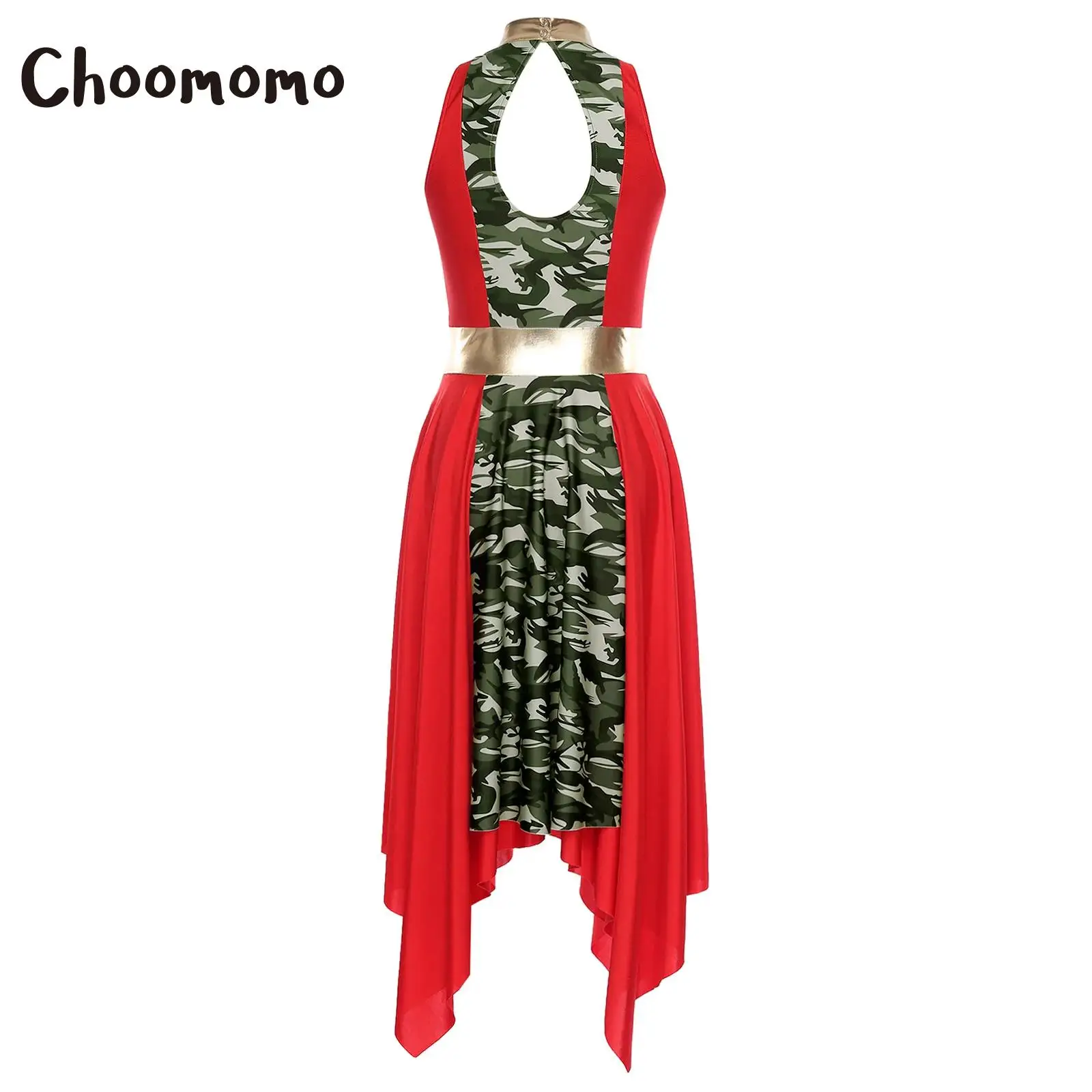 

Women Liturgical Praise Dance Dress Metallic Shiny Sleeveles Print Irregular Hem Lyrical Worship Dress Church Choir Performance