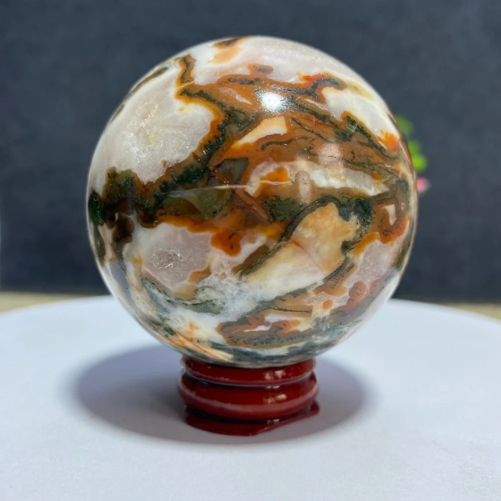 Red Aquatic Agate Moss Sphere Quartz Natural Crystal Geode for Healing Meditation Feng Shui Reiki Home Decor Gift Stone Ball