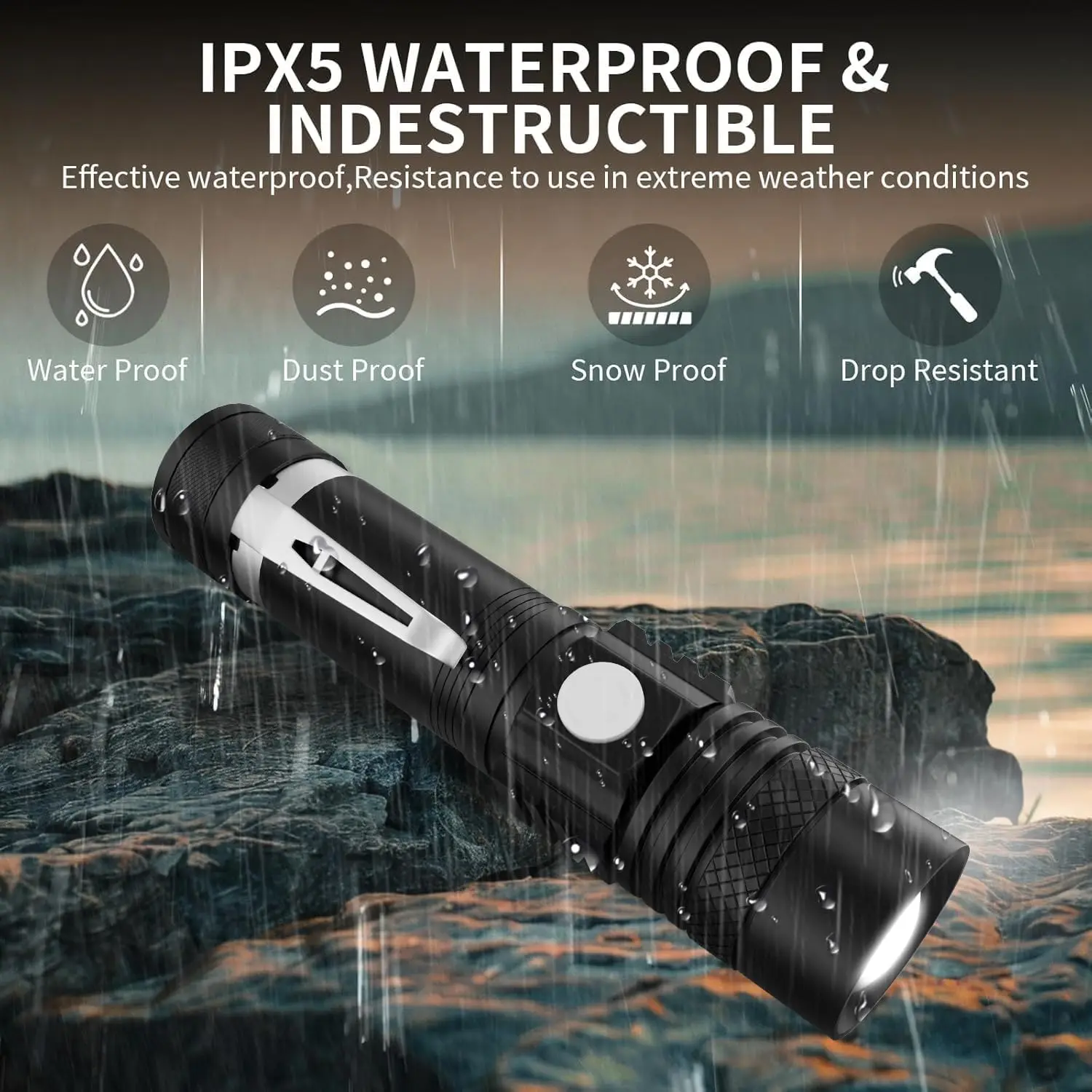 2000LM T6 LED Flashlight, USB Rechargeable & Tactical Zoomable Defense Light with Clip, Waterproof Torch for Outdoor Camping