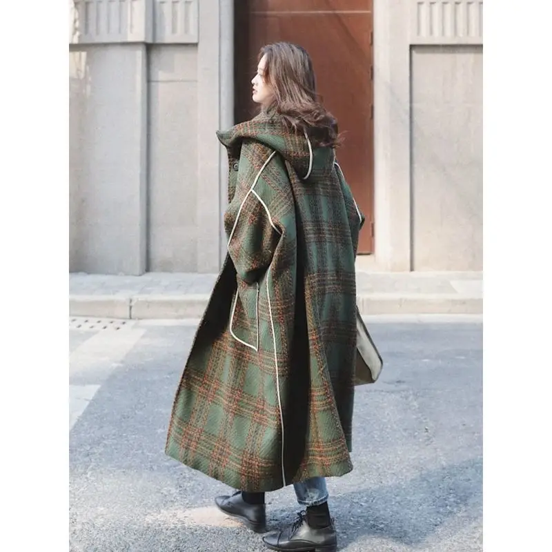 Autumn and Winter New Women's Woolen Coat Patchwork Hooded Oversized Coat