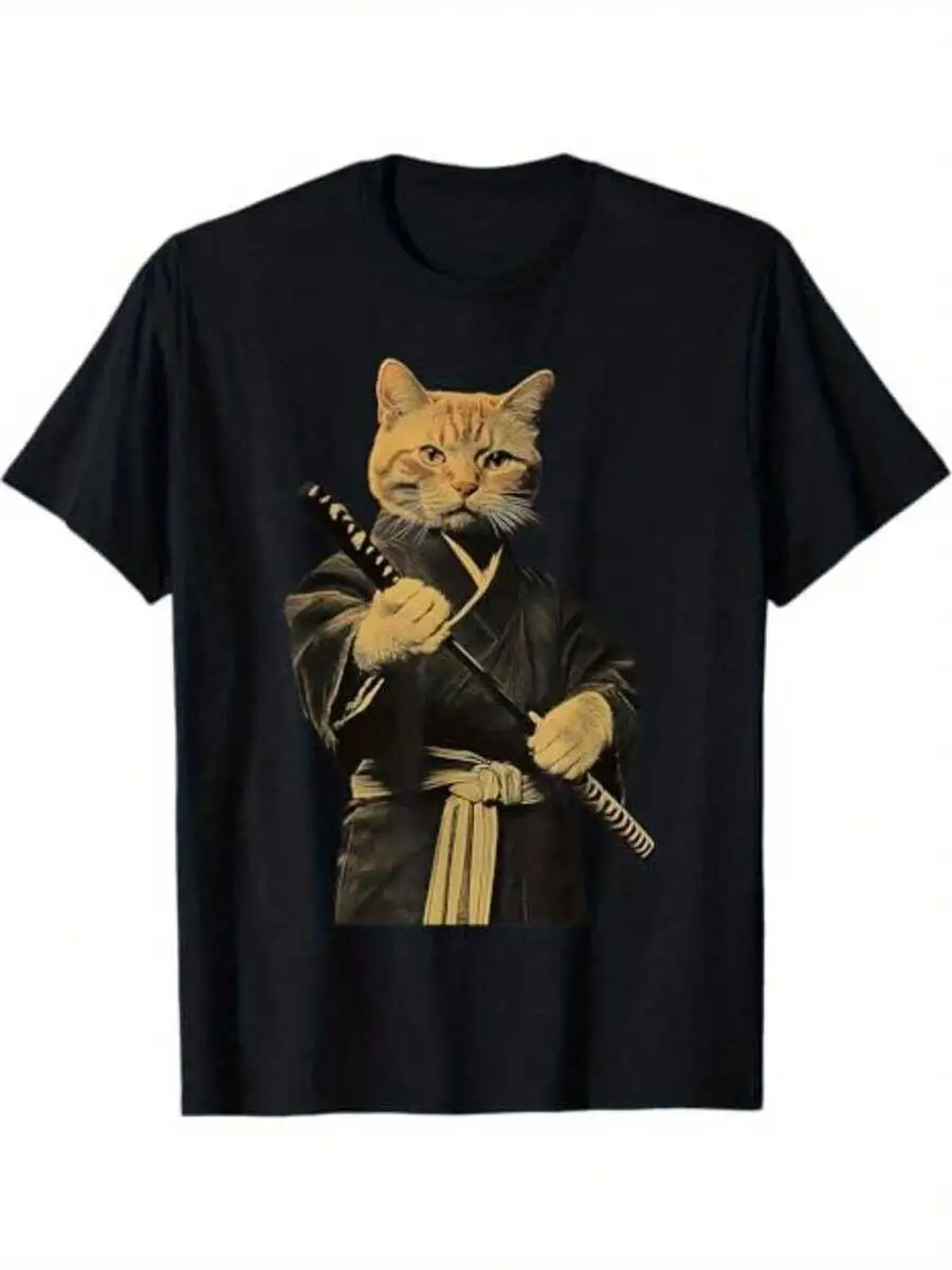 Mens -Themed T-Shirt | Crew Neck Short Sleeve Tee With Warrior And Feline Graphic, Summer Wear, Perfect For Valentines 100%
