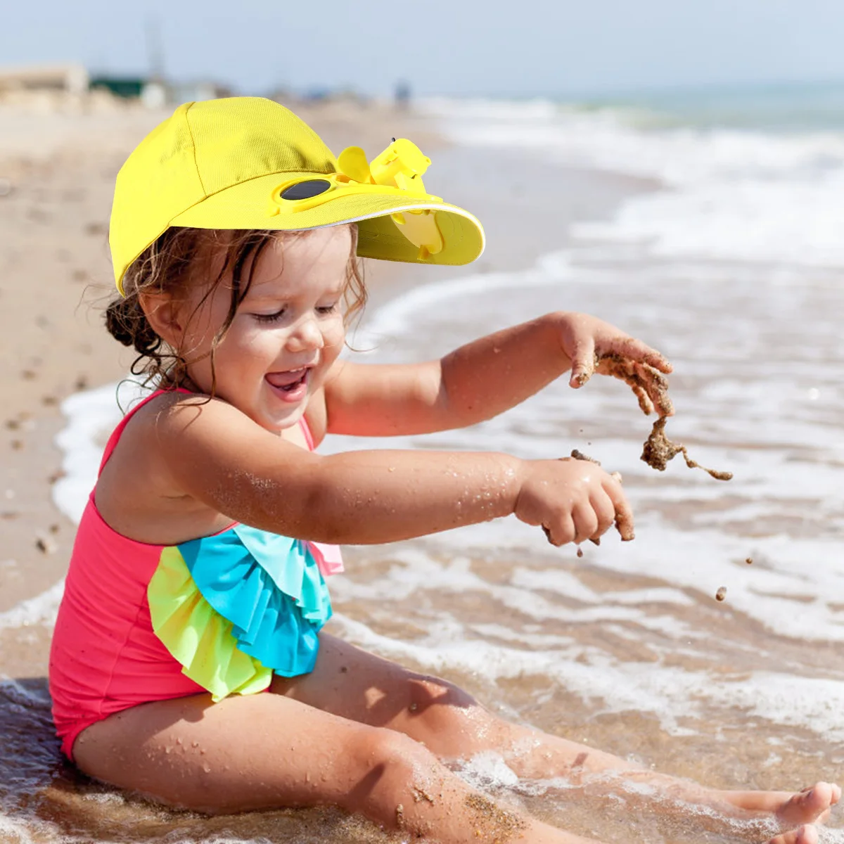 

Solar Fan Hat Kids Switch Yellow Sun Protection Cooling Storage Durable Summer Children Cap Fan Hat Sun Block