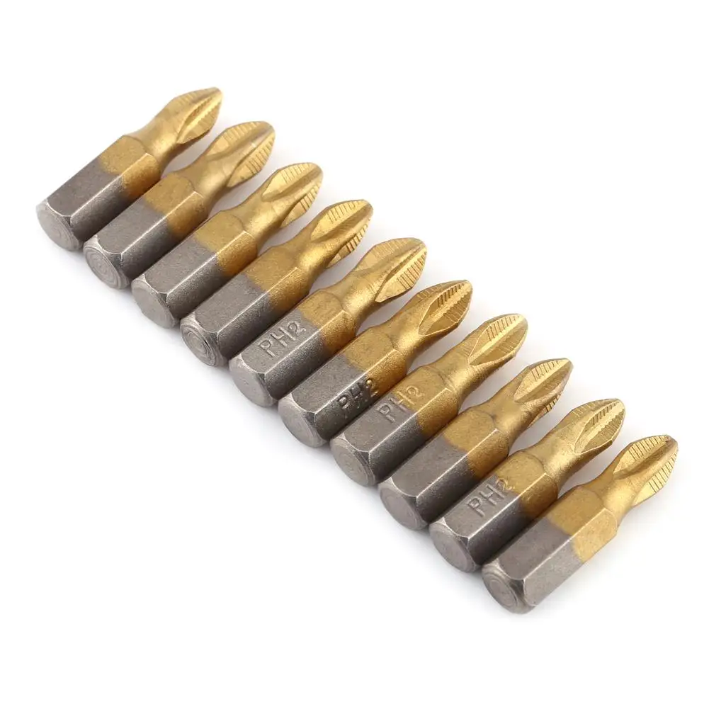 10PCS Titanium Coated PH2 Magnetic S2 Screwdriver Bits Set - 1/4 Hex Shank, 25mm Length, Antislip